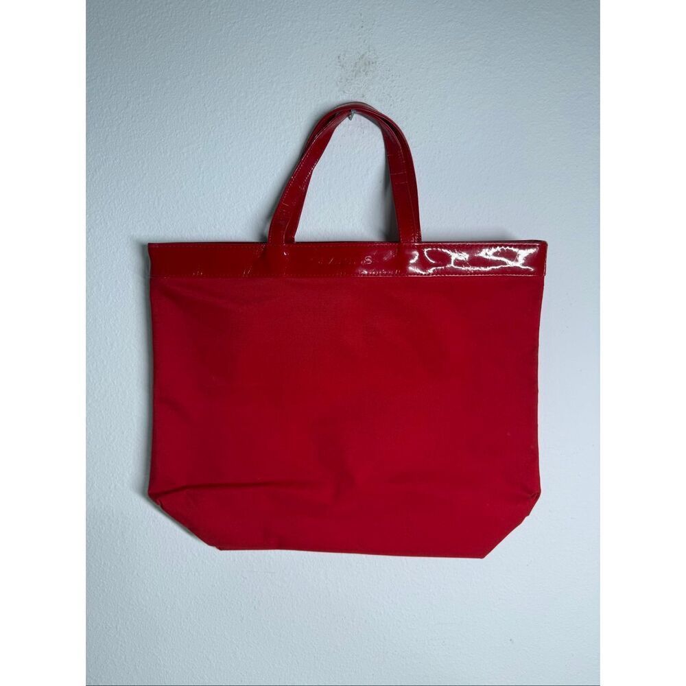 Rare Vintage Clarins Tote Bag Shopping Beach Patent Faux Leather Trim Red